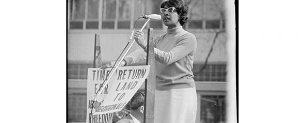 Photo: A woman speaks at an Aboriginal Rights Referendum Rally, Wynyard Park, 1967 (Mitchell Library, State Library of New South Wales)