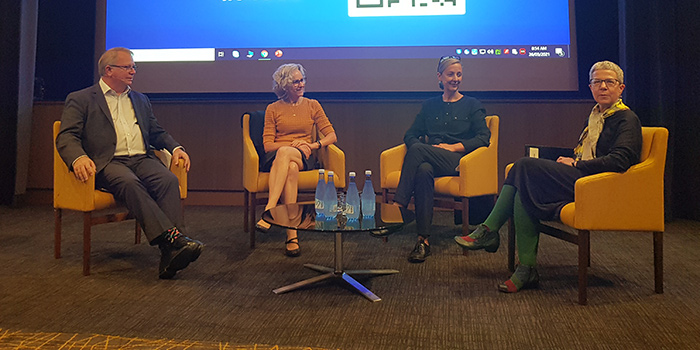 Geoff Strempel (SLSA), Liz Jack (Libraries Tas.), Kate Torney (SLV) and Marie-Louise Ayres addressed NLA staff in a 'Meet NSLA' session